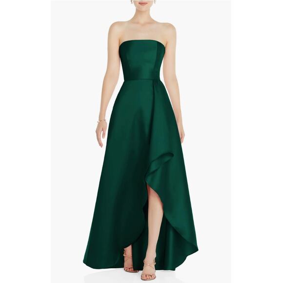 Alfred Sung Strapless Satin Gown Draped Skirt Front Slit Hunter Green Size 4 NWT - Picture 1 of 15